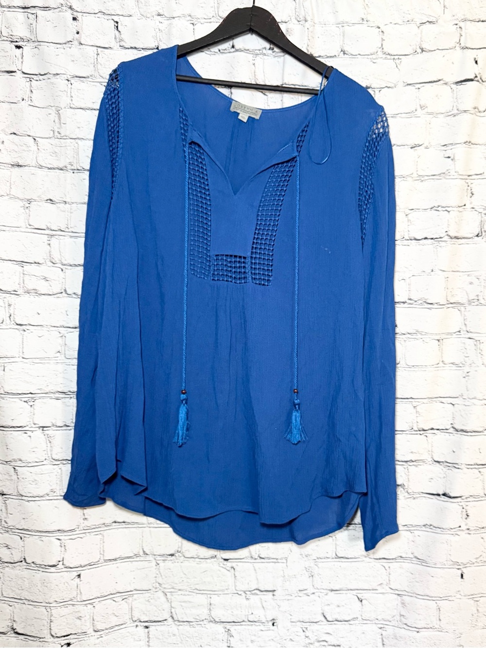 Women's Blue Crochet-Trim Long Sleeve Boho Top. Size XXL